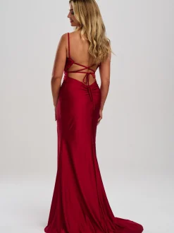 Linzi Jay Crossover Rücken Rüschen Stretch Satin Ballkleid mit Schleppe* Linzi Jay Prom Dresses