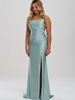 Linzi Jay Crossover Rücken Rüschen Stretch Satin Ballkleid mit Schlitz* Linzi Jay Prom Dresses | Grüne Ballkleider