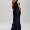 Linzi Jay Einschuliges Stretch Satin Ballkleid mit Schlitz und Schleppe* Linzi Jay Prom Dresses | Marineblaue Ballkleider