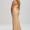 Linzi Jay Einschuliges Stretch Satin Ballkleid mit Schlitz und Schleppe* Linzi Jay Prom Dresses | Champagner Ballkleider