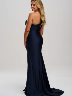 Linzi Jay Einschuliges Stretch Satin Ballkleid mit Schlitz und Schleppe* Linzi Jay Prom Dresses | Marineblaue Ballkleider