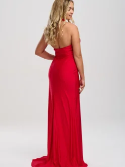 Linzi Jay Halter Neck Stretch Satin Prom Dress with Train* Linzi Jay Prom Dresses | Rote Ballkleider