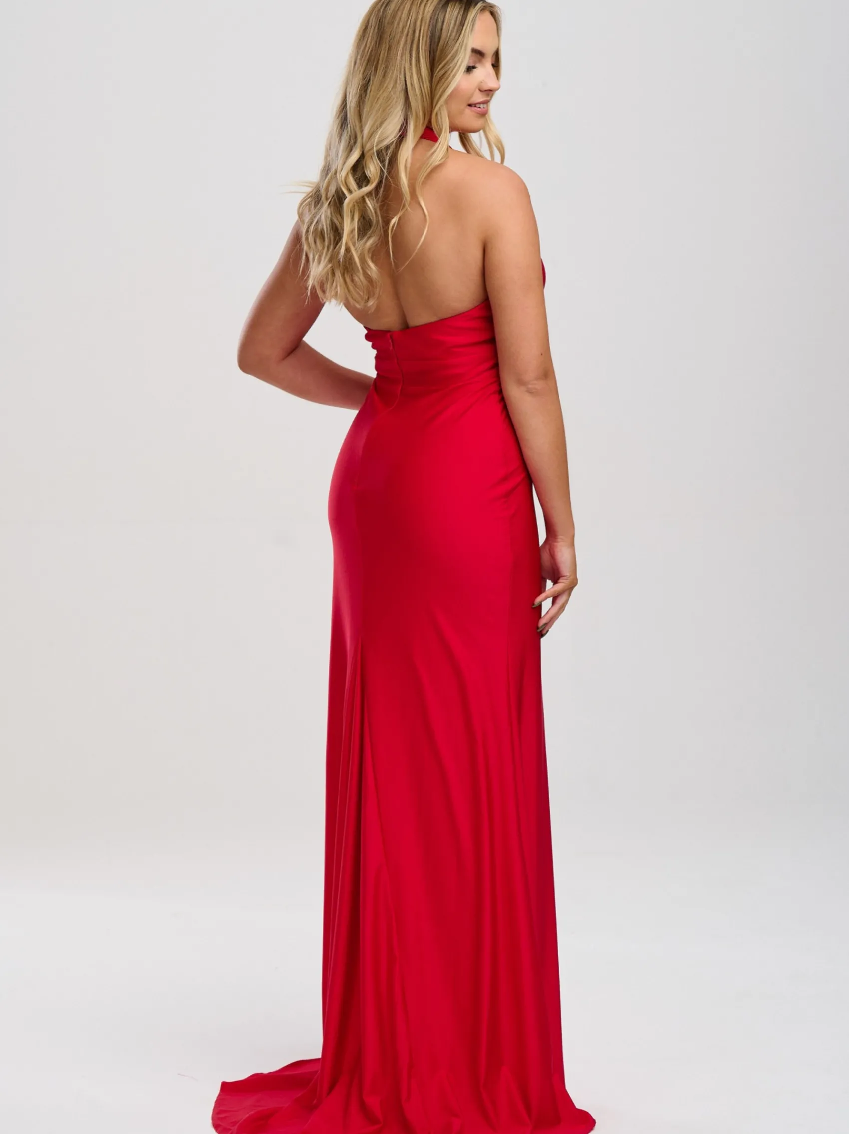 Linzi Jay Halter Neck Stretch Satin Prom Dress with Train* Linzi Jay Prom Dresses | Rote Ballkleider