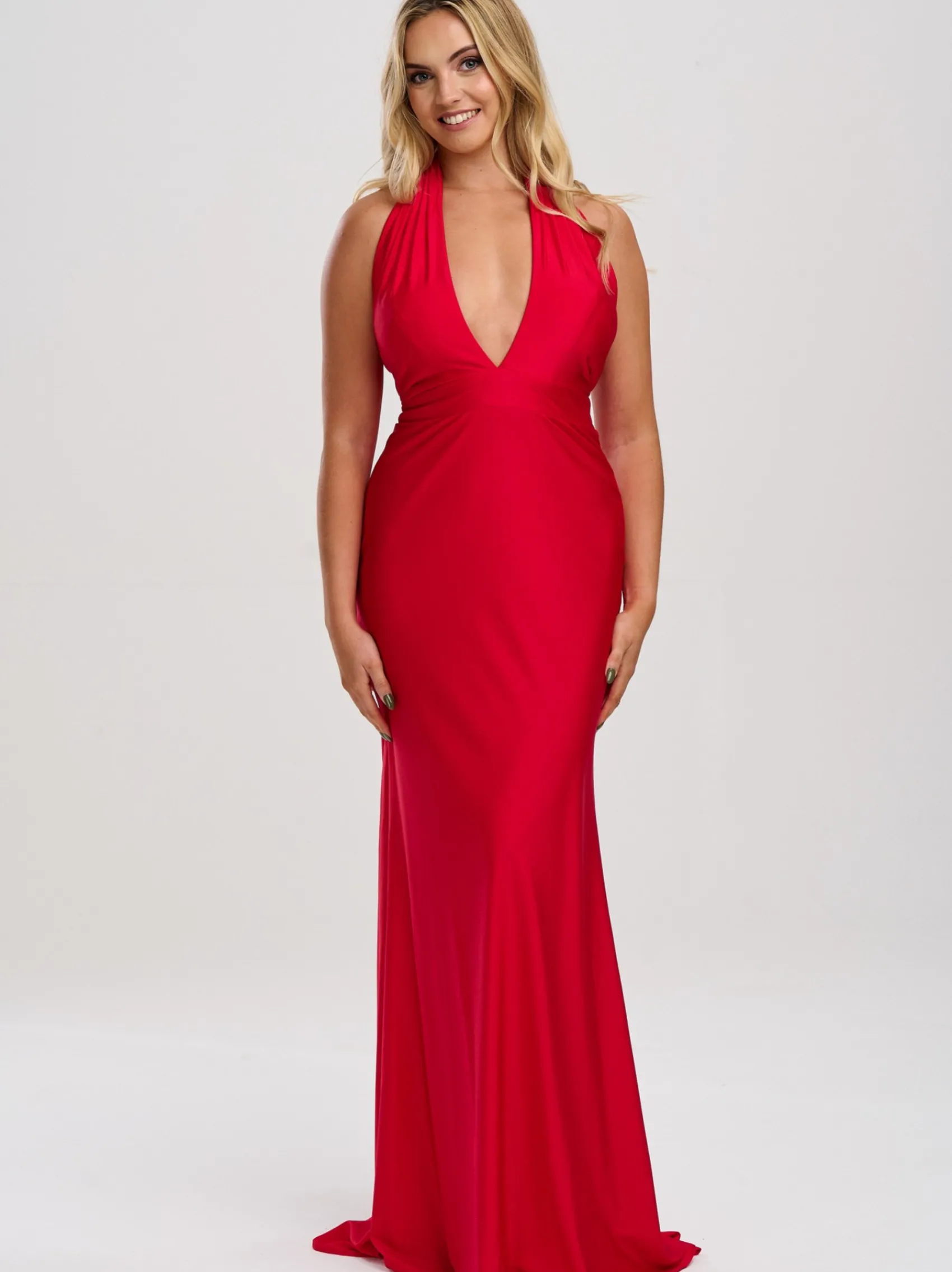 Linzi Jay Halter Neck Stretch Satin Prom Dress with Train* Linzi Jay Prom Dresses | Rote Ballkleider