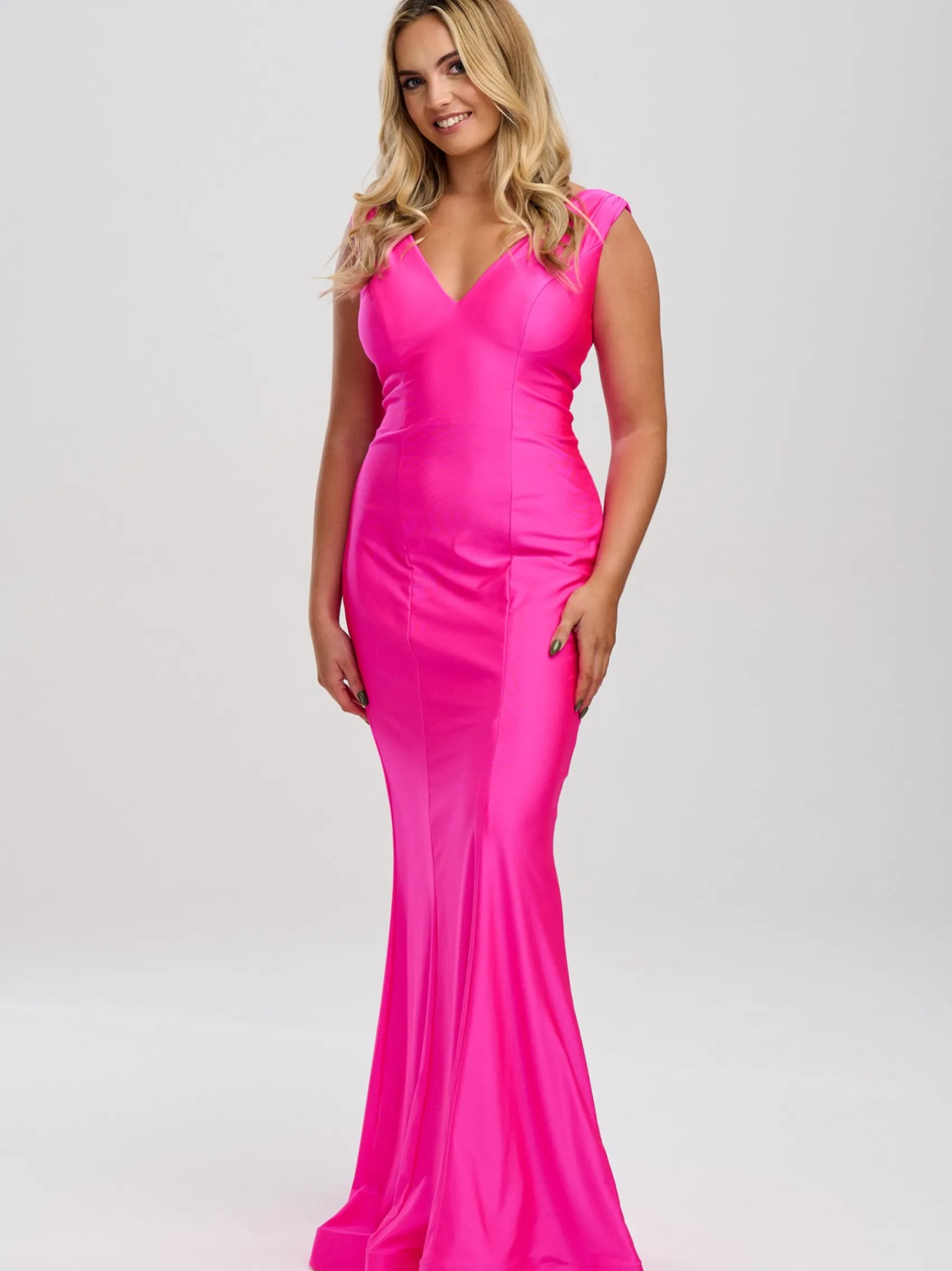 Linzi Jay V-Ausschnitt Satin Jersey Passendes Ballkleid* Linzi Jay Prom Dresses | Rosa Ballkleider