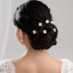 Lace & Favour Mae Satz von 3 Elfenbein zierliche Keramik Blume Haarnadeln* Perlen-haarschmuck | Silberne Haar-accessoires