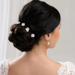 Lace & Favour Mae Satz von 3 Elfenbein zierliche Keramik Blume Haarnadeln* Perlen-haarschmuck | Silberne Haar-accessoires