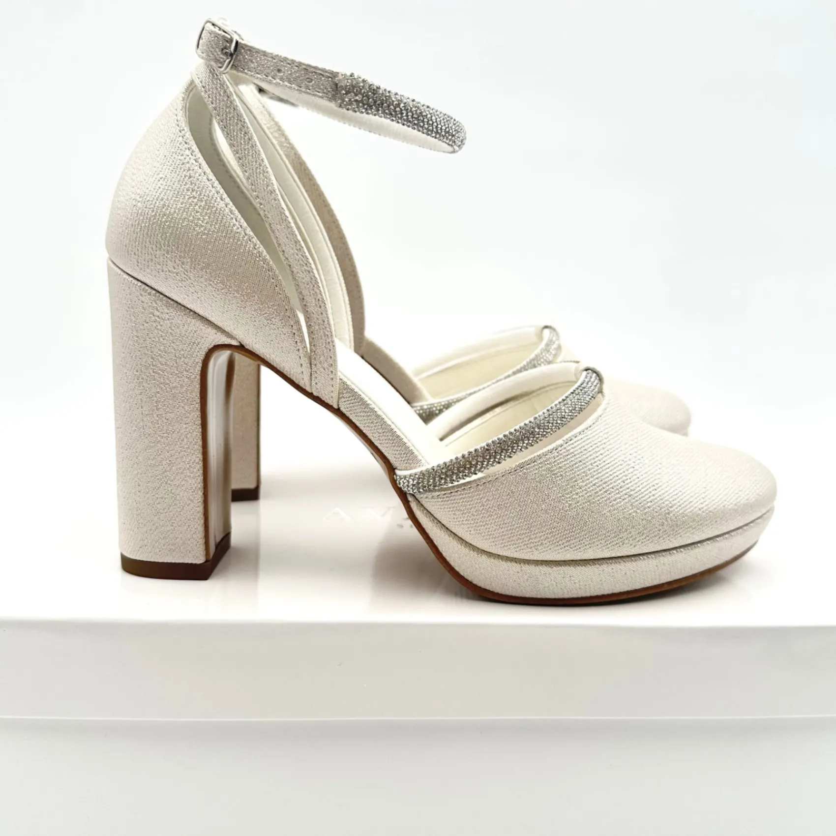 Avalia Shoes Mary Champagner Schimmer und Diamanten Blockabsatz Knöchelriemen Schuhe* Glitzernde Ballschuhe | Goldene Ballschuhe
