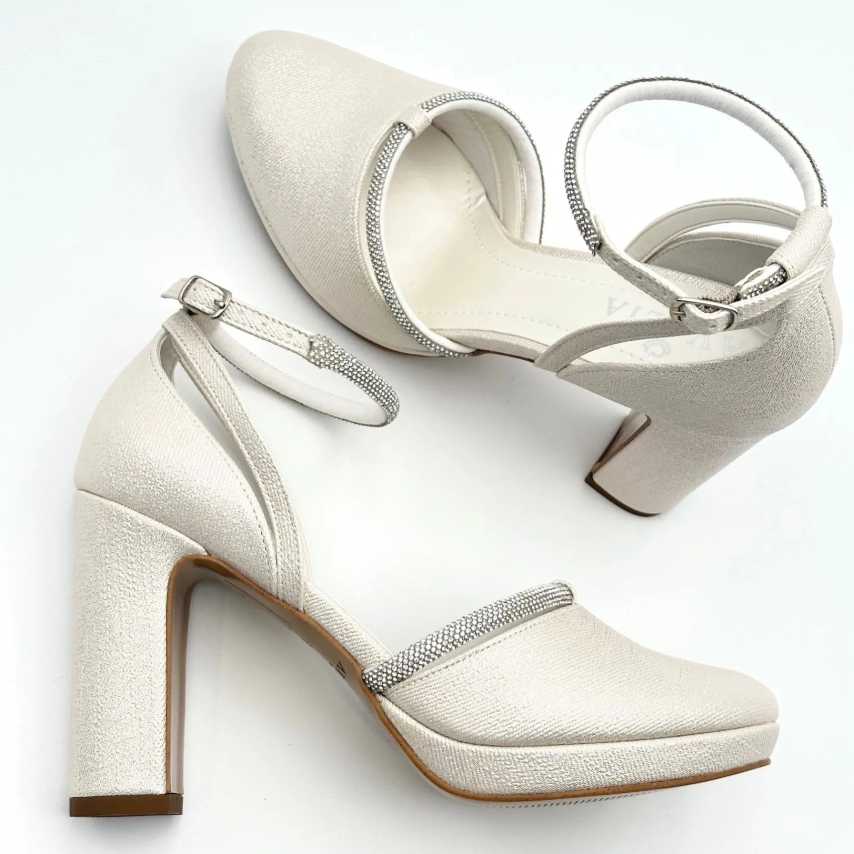 Avalia Shoes Mary Champagner Schimmer und Diamanten Blockabsatz Knöchelriemen Schuhe* Glitzernde Ballschuhe | Goldene Ballschuhe