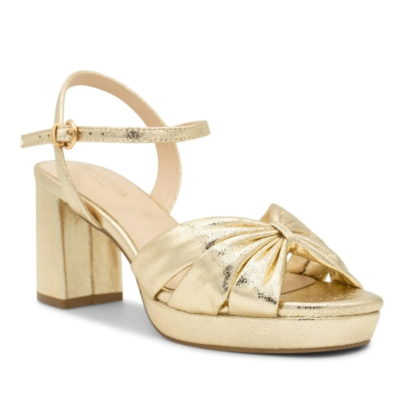 Paradox London Nerita Champagner Metallic Breite Passform Blockabsatz Plateau Sandalen* Goldene Ballschuhe | Abschlussball-sandalen