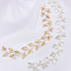 Lace & Favour Oktober Silberne Blätter und Perlen Lange Hochzeits-Haarschleife* Perlen-haarschmuck | Silberne Haar-accessoires