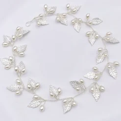 Lace & Favour Oktober Silberne Blätter und Perlen Lange Hochzeits-Haarschleife* Perlen-haarschmuck | Silberne Haar-accessoires