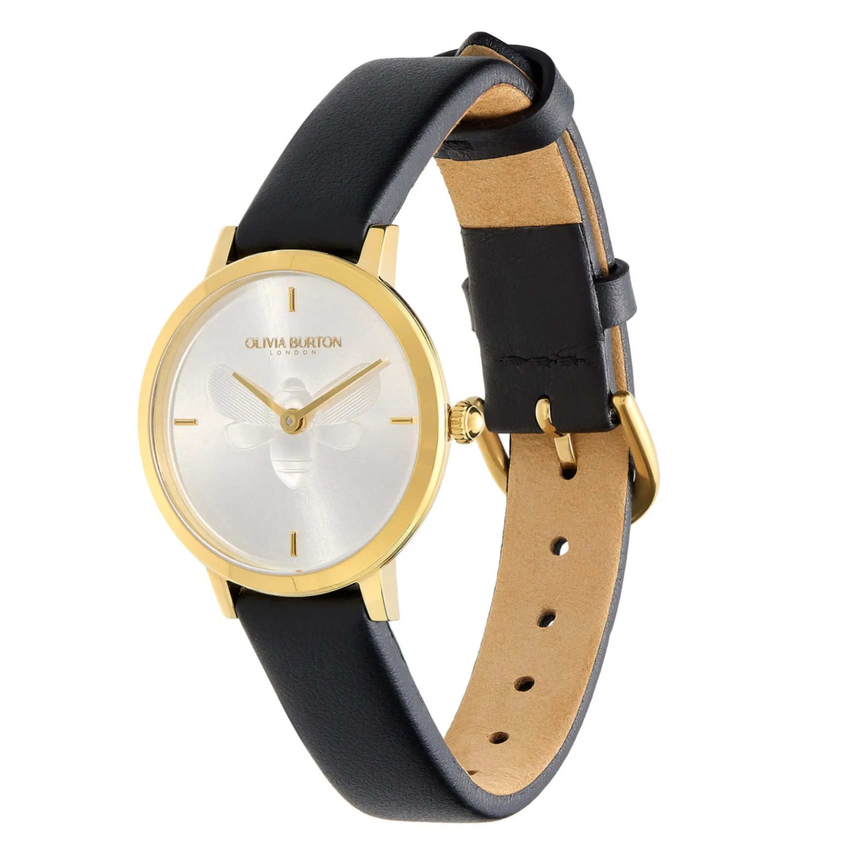 Olivia Burton Bee 28mm Ultra Slim Uhr mit goldenem und schwarzem Lederarmband* Olivia Burton Uhren | Geschenke Für Die Mutter Des Bräutigams