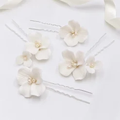 Lace & Favour Paradies Elfenbein Keramik Blume Haarnadeln* Perlen-haarschmuck | Silberne Haar-accessoires