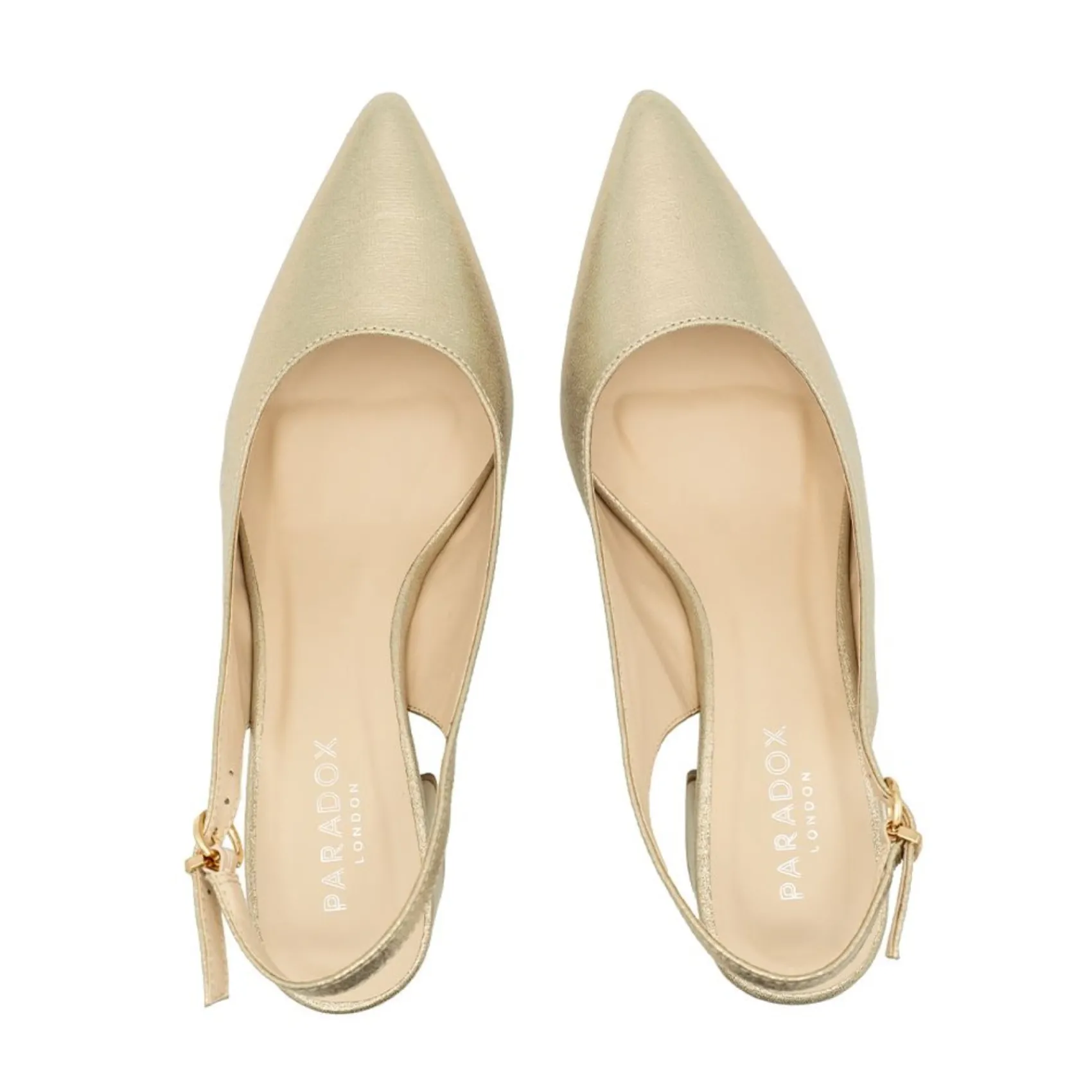 Paradox London Imelda Champagner Schimmer Niedrig Blockabsatz Slingbacks* Glitzernde Ballschuhe | Goldene Ballschuhe
