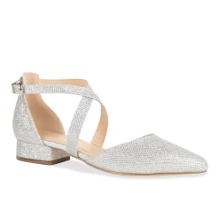 Paradox London Inaya Silber Schimmer Cross Strap Low Block Heels* Glitzernde Ballschuhe | Silberne Ballschuhe