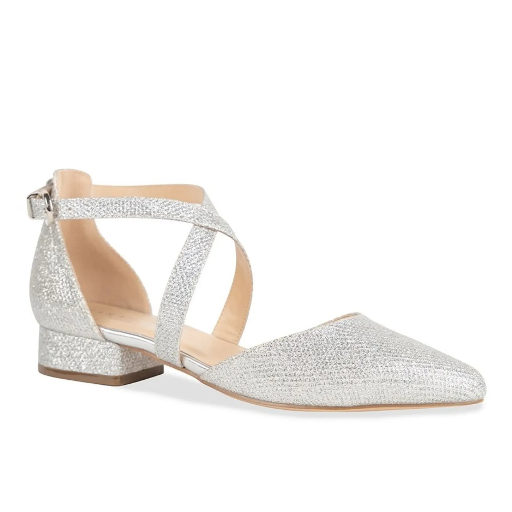Paradox London Inaya Silber Schimmer Cross Strap Low Block Heels* Glitzernde Ballschuhe | Silberne Ballschuhe