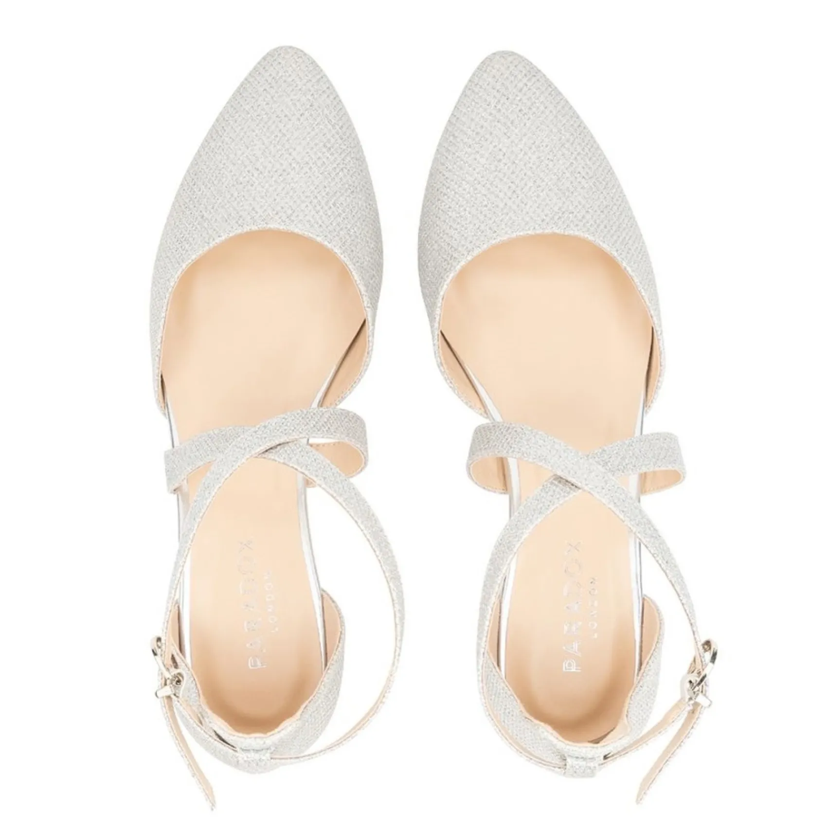 Paradox London Inaya Silber Schimmer Cross Strap Low Block Heels* Glitzernde Ballschuhe | Silberne Ballschuhe