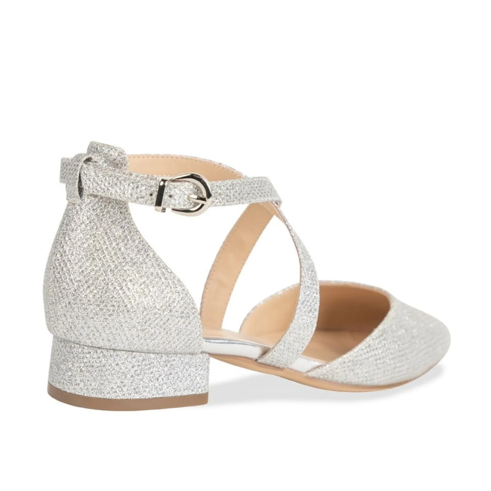Paradox London Inaya Silber Schimmer Cross Strap Low Block Heels* Glitzernde Ballschuhe | Silberne Ballschuhe