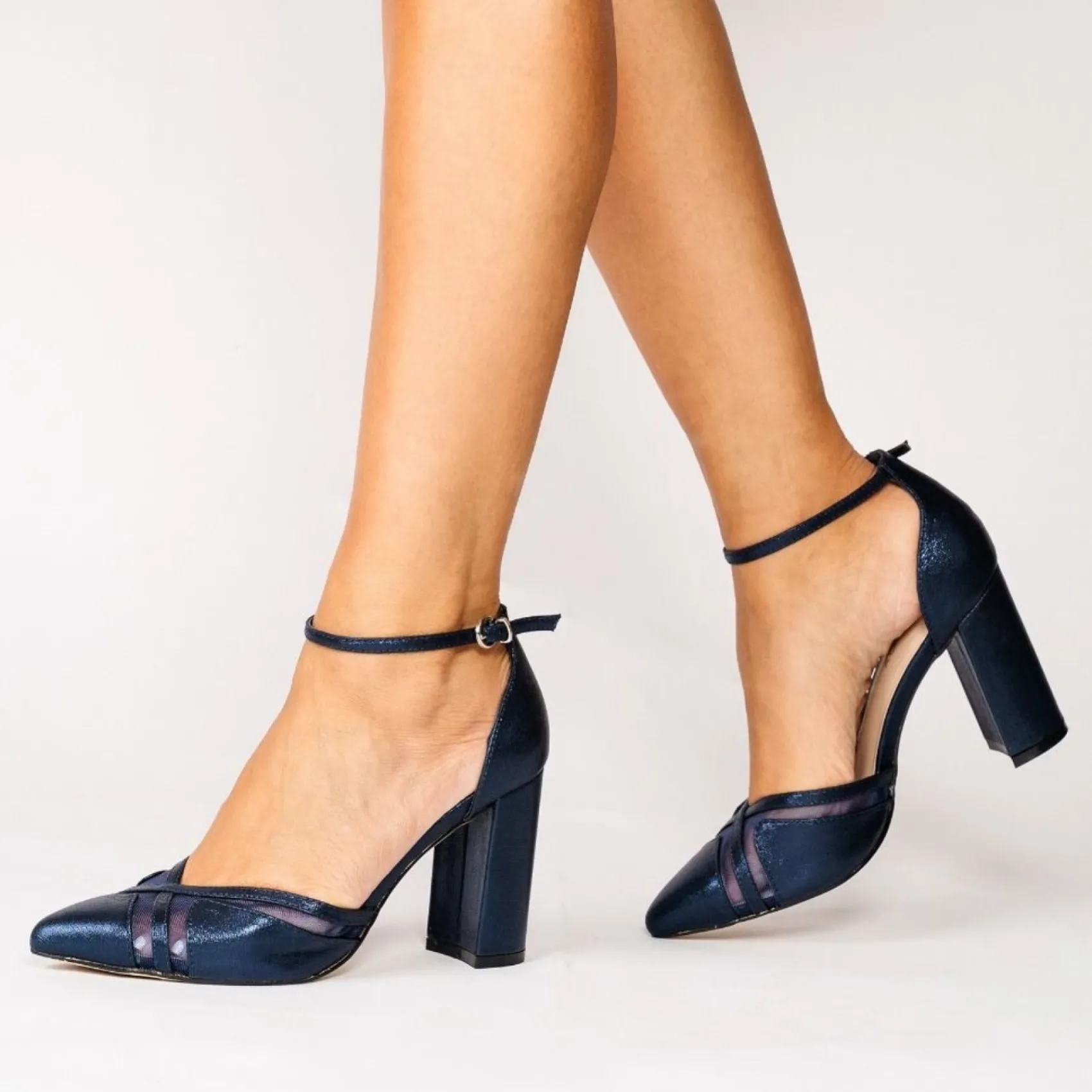 Paradox London Rhea Marine Schimmer Blockabsatz Knöchelriemen Gericht Schuhe* Glitzernde Ballschuhe | Blaue Ballschuhe