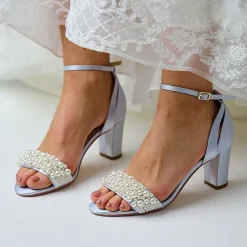Perfect Bridal Carrie Blau Satin Perle Blockabsatz Sandalen* Schuhe Für Hochzeitsgäste | Schuhe Für Brautjungfern
