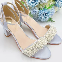 Perfect Bridal Carrie Blau Satin Perle Blockabsatz Sandalen* Schuhe Für Hochzeitsgäste | Schuhe Für Brautjungfern
