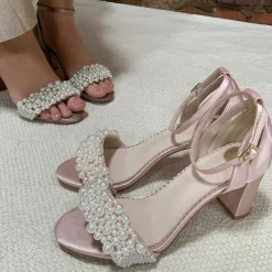 Perfect Bridal Carrie Blush Satin Perle Blockabsatz Sandalen* Abschlussball-sandalen | Rosa Ballschuhe