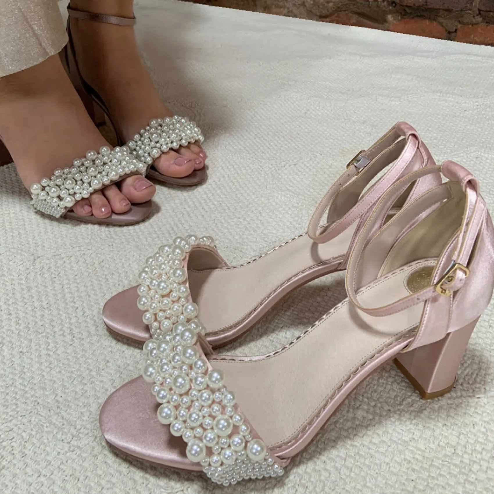Perfect Bridal Carrie Blush Satin Perle Blockabsatz Sandalen* Abschlussball-sandalen | Rosa Ballschuhe