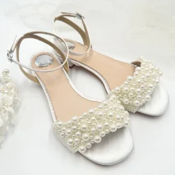 Perfect Bridal Claire Elfenbein Satin Perlen Flache Sandalen (Weite Passform)* Schuhe Für Brautjungfern | Hochzeitsschuhe