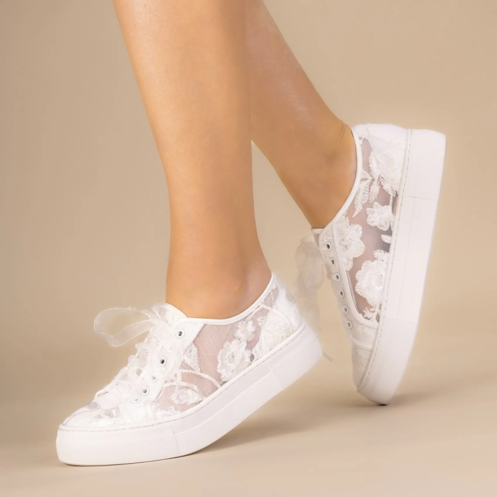 Perfect Bridal Codie Elfenbein Floral Spitze Plattform Trainer* Hochzeitsschuhe | Spitze Hochzeitsschuhe