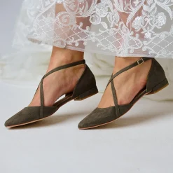 Perfect Bridal Davina Olive Grün Wildleder Kreuzriemen spitzen Ballett Fla* Schuhe Für Hochzeitsgäste | Schuhe Für Die Mutter Der Braut
