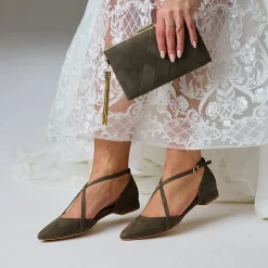 Perfect Bridal Davina Olive Grün Wildleder Kreuzriemen spitzen Ballett Fla* Schuhe Für Hochzeitsgäste | Schuhe Für Die Mutter Der Braut