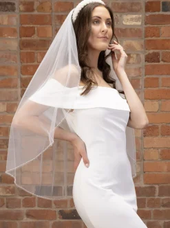 Perfect Bridal Elfenbeinfarbener einreihiger Schleier mit Perlen und Kristallrand* Einstufige Schleier | Fingerspitzen-schleier
