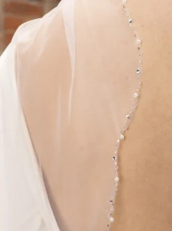 Perfect Bridal Elfenbeinfarbener, einstufiger, kurzer Schleier mit Perlen und Diamantbesatz* Einstufige Schleier | Ellenbogenlange Schleier