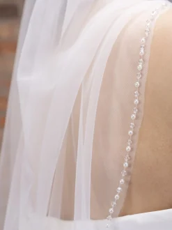 Perfect Bridal Elfenbeinfarbener einreihiger Schleier mit Perlen und Kristallrand* Einstufige Schleier | Fingerspitzen-schleier