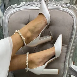 Perfect Bridal Ella Block Elfenbein Satin Keshi Perle Knöchelriemen Schuhe* Hochzeitsschuhe | Hochhackige Schuhe