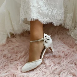 Perfect Bridal Nina Elfenbein Spitze und Gold Knöchelriemen Schuhe* Hochzeitsschuhe | Schuhe Mit Mittlerem Absatz