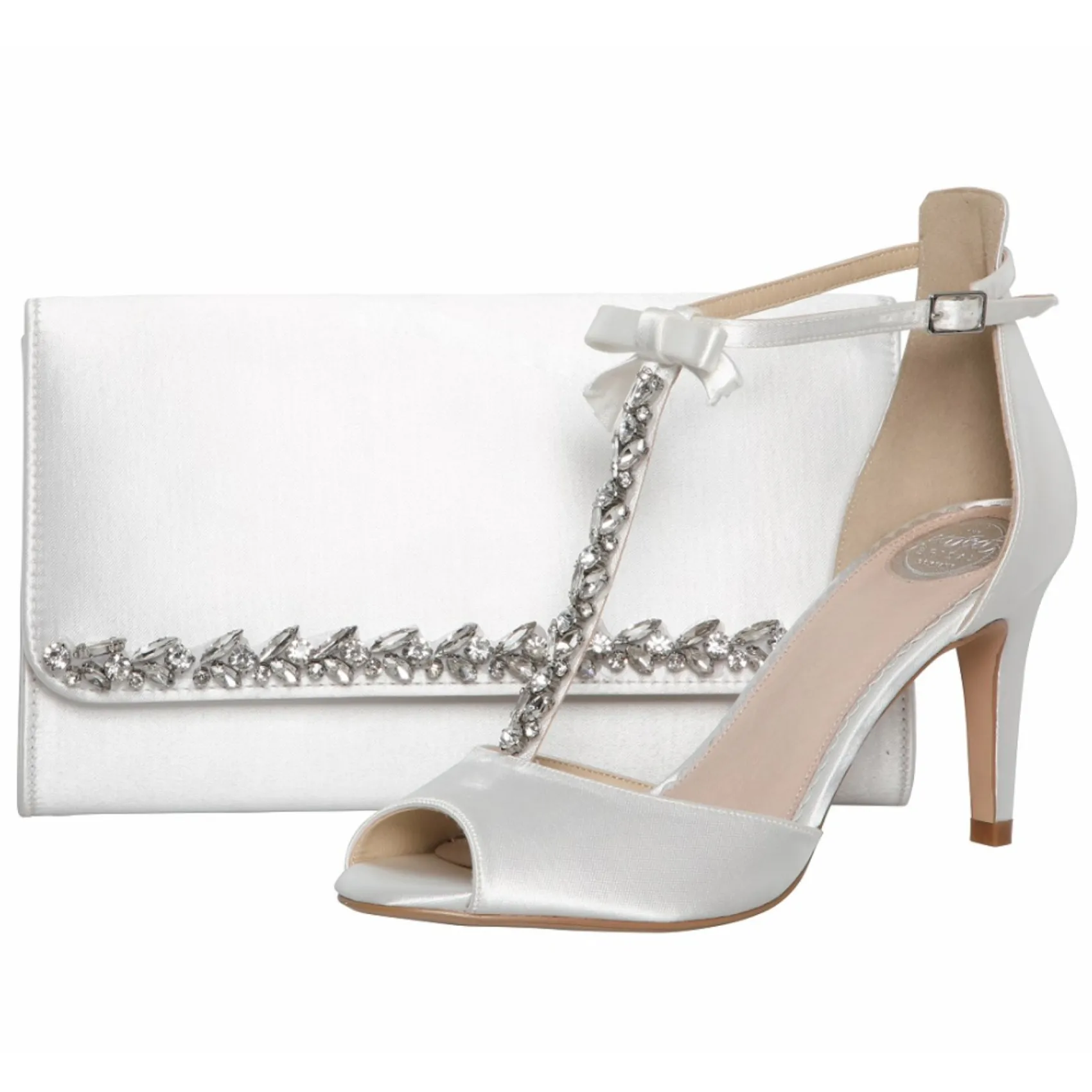 Perfect Bridal Phoenix Elfenbeinfarbene Satin-Kristall-T-Bar-Sandalen mit Detail* Hochzeitsschuhe | Hochhackige Schuhe
