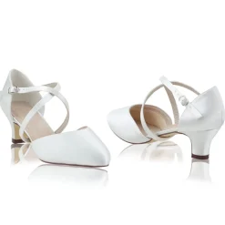 Perfect Bridal Renate Elfenbeinfarbene Satin-Absatzstiefel mit überkreuzten Riemen* Hochzeitsschuhe | Schuhe Mit Niedrigem Absatz