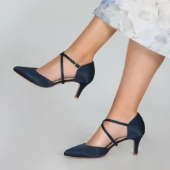 Perfect Bridal Sonya Navy Satin Mid Heel Courts mit überkreuzten Riemen* Schuhe Für Hochzeitsgäste | Schuhe Für Die Mutter Der Braut