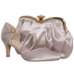 Perfect Bridal Sonya Taupe Satin Mid Heel Courts mit Crossover-Riemen* Schuhe Für Hochzeitsgäste | Schuhe Für Die Mutter Der Braut