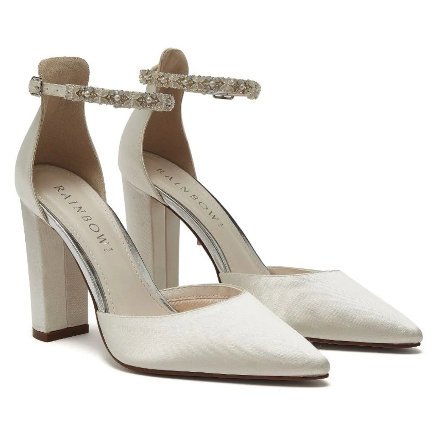 Rainbow Club Amelie Färbbare Elfenbein Satin Perlen Riemchen Block Heels* Hochzeitsschuhe | Hochhackige Schuhe