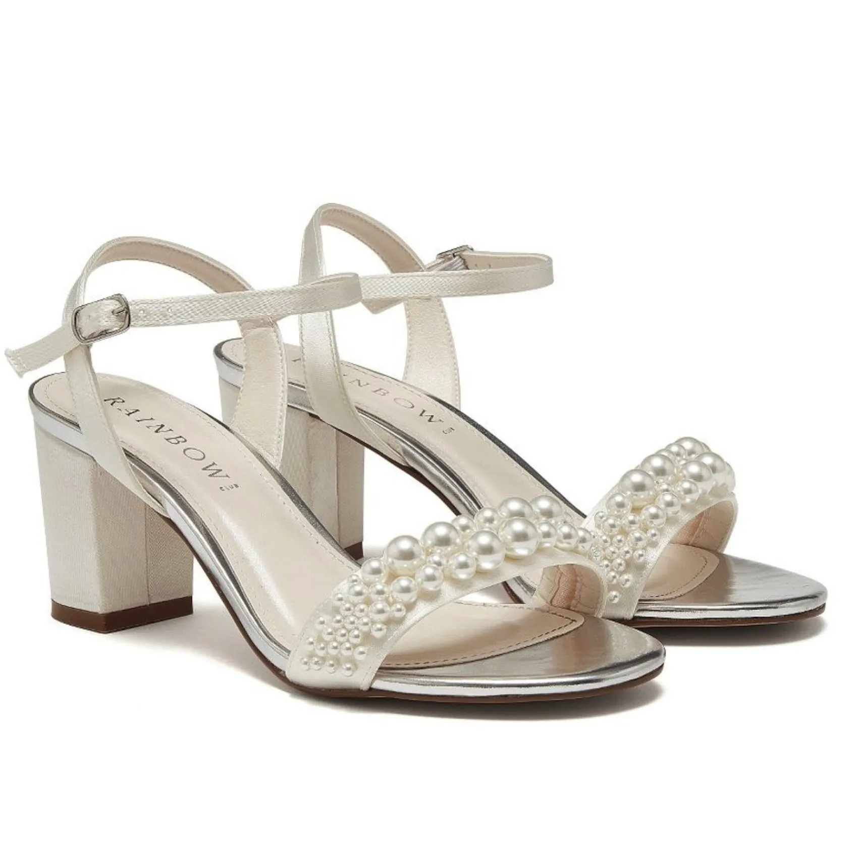 Rainbow Club Clara Mid Elfenbein Satin Perlen Blockabsatz Sandalen* Hochzeitsschuhe | Schuhe Mit Mittlerem Absatz