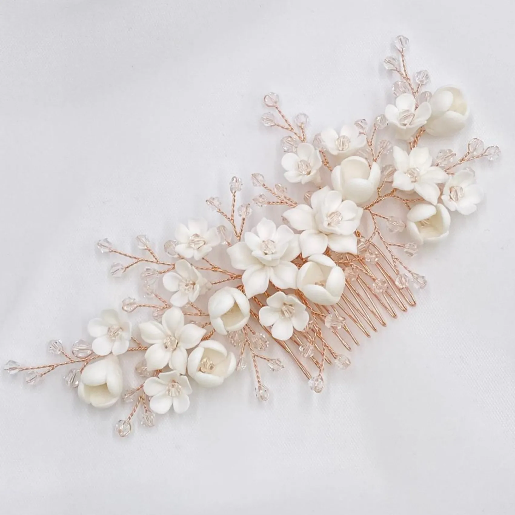 Lace & Favour Rosewood Porzellan Blumen und Kristall Rose Gold Haarkamm* Haarschmuck Aus Kristall | Haarschmuck In Roségold