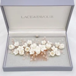 Lace & Favour Rosewood Porzellan Blumen und Kristall Rose Gold Haarkamm* Haarschmuck Aus Kristall | Haarschmuck In Roségold