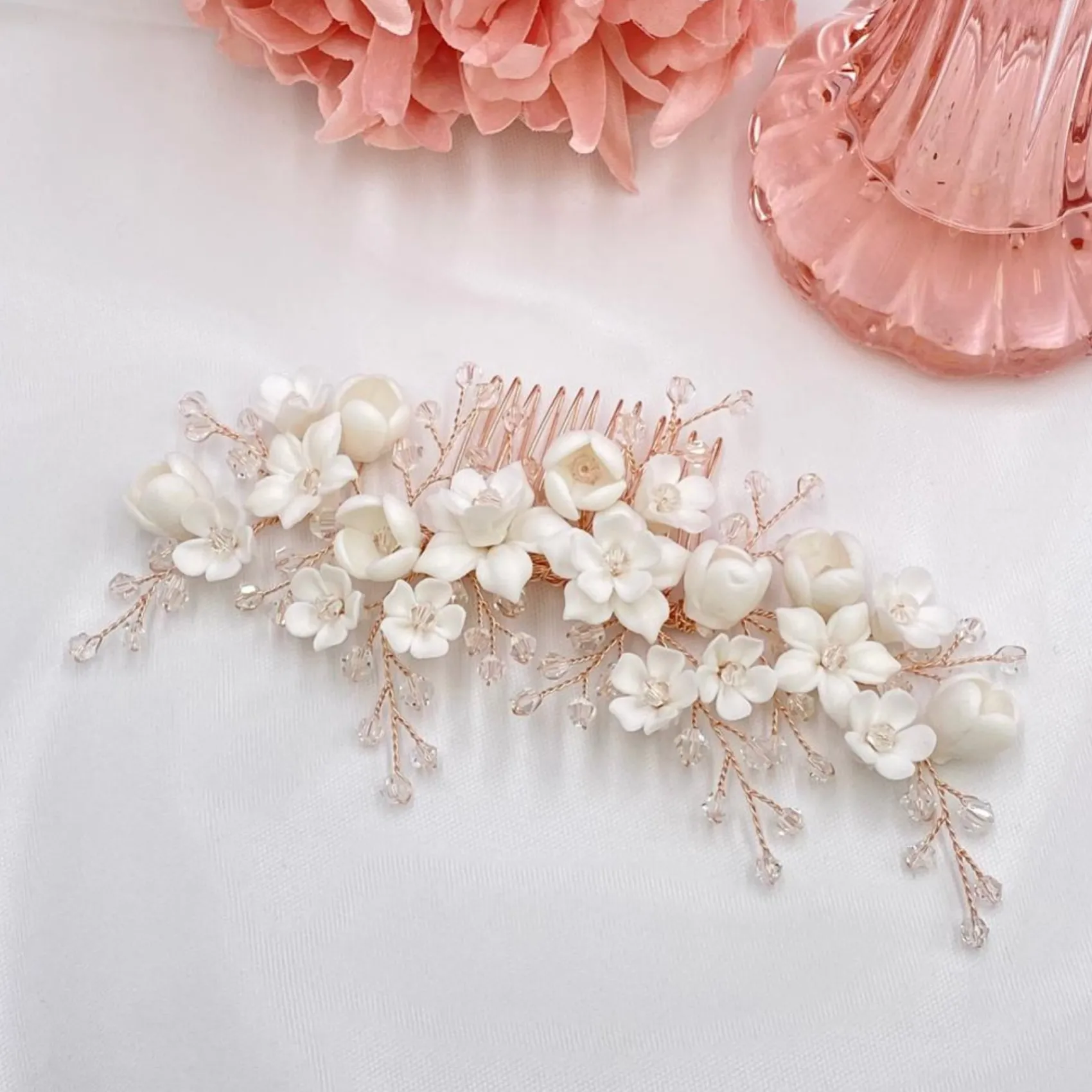 Lace & Favour Rosewood Porzellan Blumen und Kristall Rose Gold Haarkamm* Haarschmuck Aus Kristall | Haarschmuck In Roségold