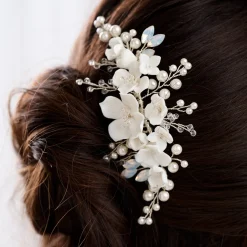 Lace & Favour Seychelles Elfenbein Porzellan Blumen und Perlen Zweige Haarkamm* Haarschmuck Aus Kristall | Perlen-haarschmuck