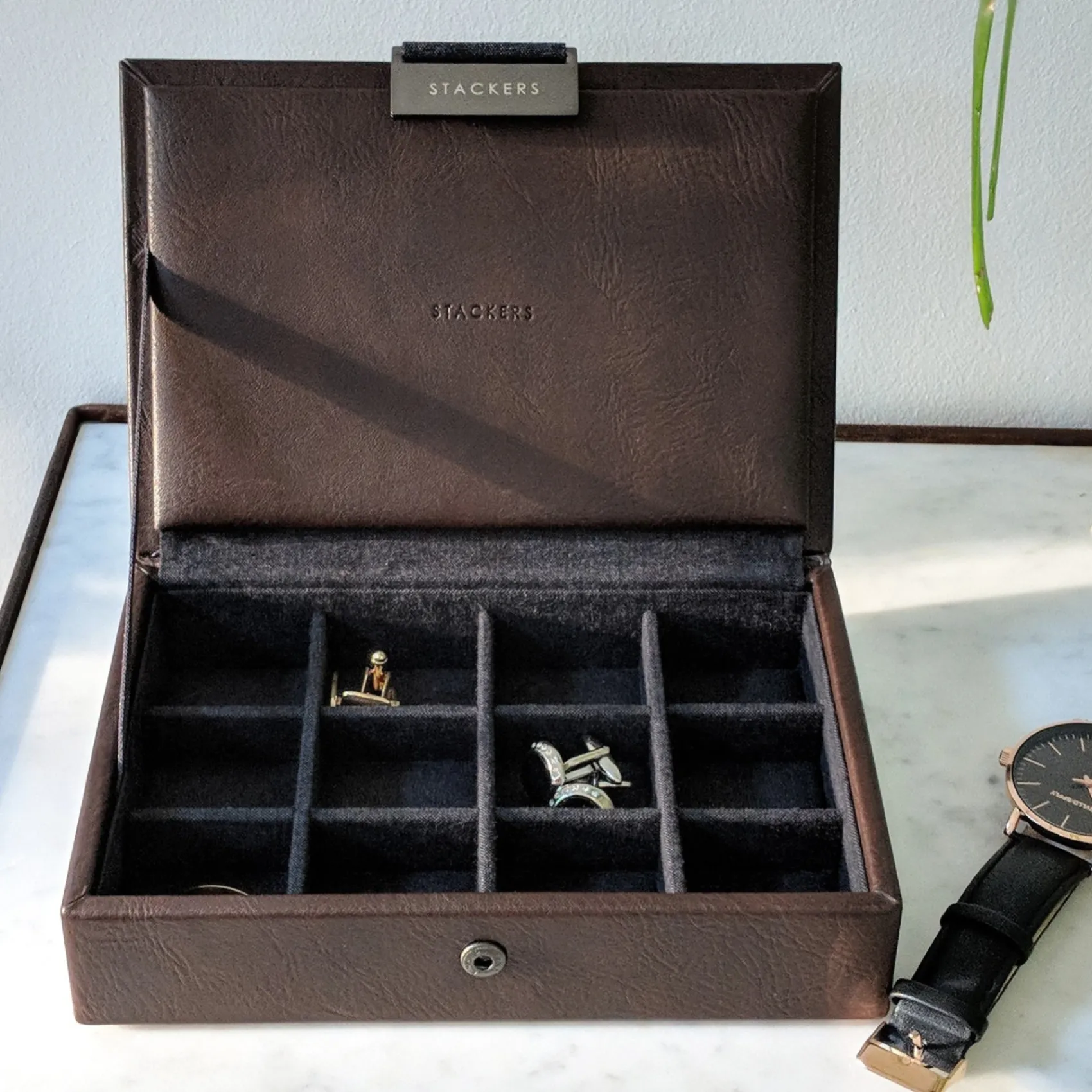 Stackers Manschettenknopf-Box aus braunem Kunstleder*Herren Schmuckschatullen Für Herren | Geschenke Für Den Bräutigam