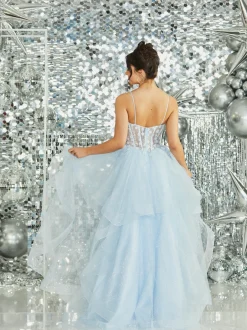 Tiffanys Prom Tiffanys Skye Blassblaues glitzerndes gerafftes Ballkleid mit geblümtem Mieder* Tiffanys Illusion Prom Kleider | Hellblaue Ballkleider