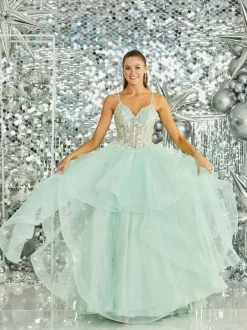 Tiffanys Prom Tiffanys Skye Blassgrünes glitzerndes Rüschen-Abschlussballkleid mit geblümtem Mieder* Tiffanys Illusion Prom Kleider | Grüne Ballkleider